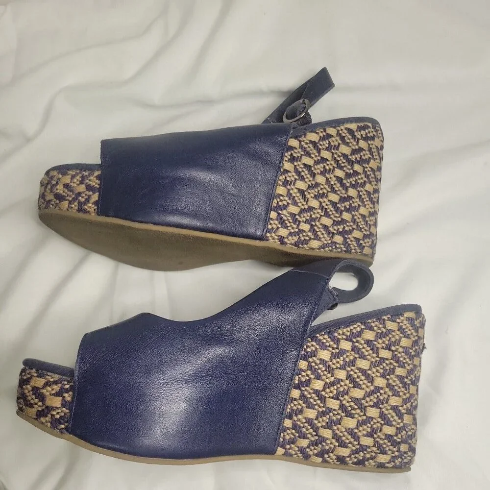 Old Navy Women's 10 Blue Leather Woven Wedge Platform Open Toe Slingback Sandals